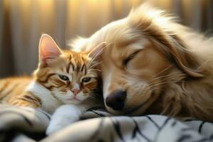 ai gerado animal harmonia gato e cachorro aconchegar-se dentro pacífico coexistência durante uma compartilhado sesta foto