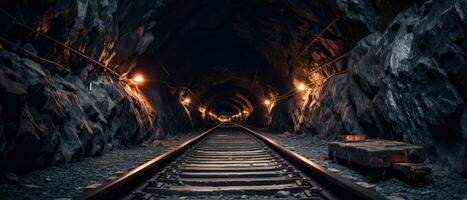 ai gerado pôr do sol iluminador uma Ferrovia túnel. ai generativo. foto