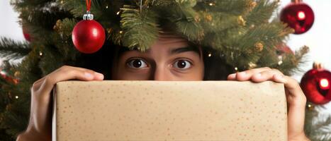 ai gerado brincalhão homem se escondendo atrás Natal árvore. ai generativo. foto