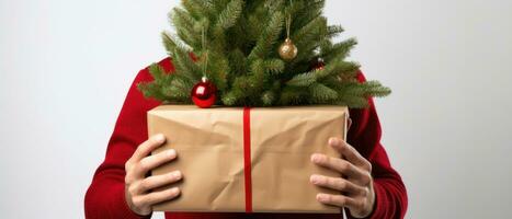 ai gerado alegre momento com uma pessoa de brincadeira se escondendo atrás uma decorado Natal árvore. ai generativo. foto