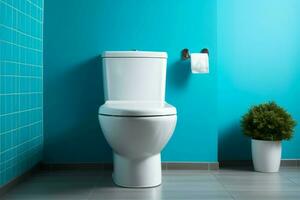 ai gerado branco cerâmico banheiro contra uma azul parede formulários uma limpar \ limpo e refrescante banheiro foto