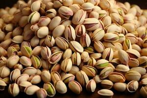 ai gerado maluco elegância uma topo Visão do pistachios em uma mesa foto