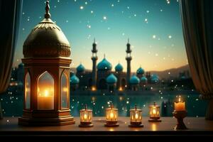 ai gerado charme do eid al fitr lanterna, mesquita silhueta, janela conceito foto