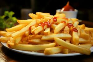 ai gerado tentador quadro uma detalhado tiro capturando francês fritas em uma mesa foto