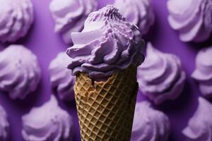 ai gerado gelo creme cone dentro régio roxo, uma delicioso tratar exalando Doçura e elegância foto