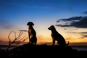 ai gerado cachorros silhueta graças a horizonte contra uma pitoresco pôr do sol foto