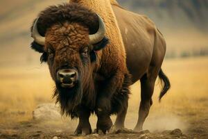 ai gerado majestoso planícies morador, americano búfalo perambula grande paisagens com poderoso e imponente estatura foto