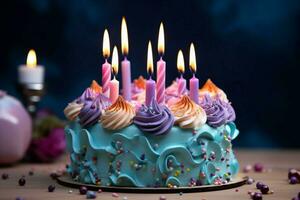 ai gerado colorida ambiente uma aniversário bolo adornado com uma tremeluzente vela foto