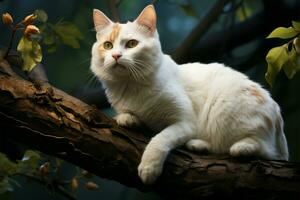 ai gerado caprichoso elegância uma branco gato poleiros em uma árvore filial, exalando charme foto