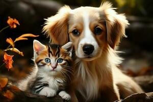 ai gerado fofa companheiros gatinha e cachorro compartilhar cativante momentos, formando a adorável duo foto