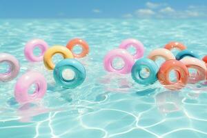 ai gerado flutuando deleite 3d render do pastel colori flutua dentro uma piscina foto