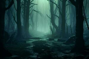 ai gerado assustador fascinar enevoado floresta fundo evocando uma assustador atmosfera, 3d foto