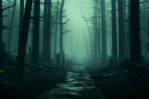 ai gerado Sombrio encantamento arrepiante névoa floresta paisagem, assombrosamente rendido dentro 3d foto