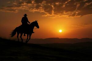 ai gerado vaqueiro silhueta uma wrangler passeios uma cavalo para dentro a cativante pôr do sol horizonte foto