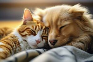 ai gerado gato e cachorro pacificamente coexiste, partilha uma momento do tranquilidade dentro sono foto