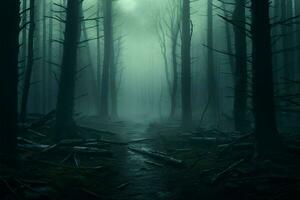 ai gerado estranho visão 3d Renderização do uma névoa coberto floresta, arrepiante conceito foto