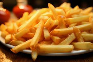 ai gerado detalhe foco dourado perfeição do francês fritas em de mesa foto