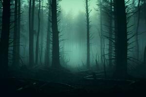 ai gerado assustador fascinar enevoado floresta fundo evocando uma assustador atmosfera, 3d foto