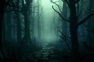 ai gerado arrepiante panorama Sombrio floresta envolto dentro assombrada névoa, 3d Renderização foto