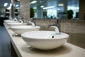 ai gerado branco cerâmico lavar Pia bacias, espelhos dentro moderno público banheiro foto