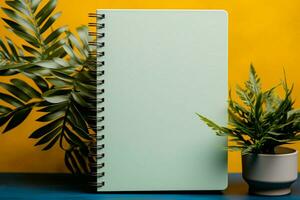 ai gerado caderno serenidade plano deitar do em branco caderno com uma verde plantar foto