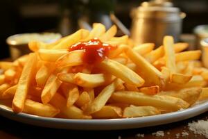 ai gerado tentador quadro uma detalhado tiro capturando francês fritas em uma mesa foto