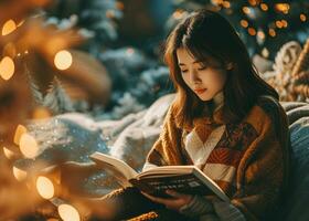 ai gerado jovem ásia mulher é lendo uma livro dentro uma quarto decorado para a inverno feriados. fotorrealista, fundo com bokeh efeito. ai gerado. foto