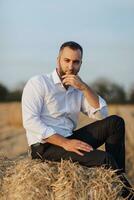 Casamento retrato foto. uma à moda noivo dentro uma branco camisa senta relaxado em uma feno fardo e parece às a Câmera. barbudo cara. estilo. foto