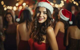 ai gerado retrato do uma lindo sorridente mulher dentro Natal chapéu e vestir com Natal festa dentro a fundo foto