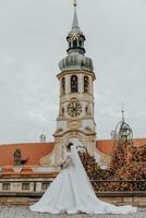 encantador noiva dentro uma Maravilhoso vestir, uma grandes véu dentro a cidade Centro contra a fundo do a cúpula do a antigo Igreja desfrutando a panorama foto