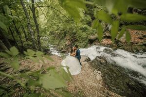 feliz Casamento casal em a Beira do uma cascata. noivo e noiva. Casamento foto sessão dentro natureza. foto sessão dentro a floresta do a noiva e noivo.