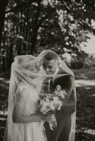 noivo e noiva dentro a floresta. outono Casamento dentro a floresta. feliz casamento, amoroso casal concurso toques debaixo a véu. à moda e lindo. Princesa vestir com uma grandes trem. Preto e branco foto