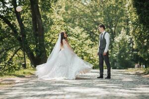 noivo e noiva dentro a jardim. Primavera Casamento dentro a parque. feliz Casamento casal corrida dentro a parque. a noiva é circulando com dela vestir. à moda e lindo. foto a partir de a voltar. Princesa vestir.