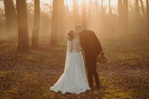 Casamento foto. a noiva e noivo estão caminhando dentro a floresta. a noivo detém uma ramalhete e Beijos a mão do dele amado. grandes Casamento vestir. casal dentro amar. outono luz solar. foto