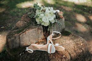 Casamento ramalhete em uma árvore. Casamento detalhes em uma de madeira toco dentro a parque. uma lindo ramalhete do branco flores da noiva sapatos foto