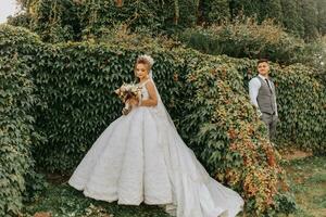 noiva e noivo dentro a jardim entre vegetação. real Casamento conceito. chique da noiva vestir com uma grandes trem. ternura e calma. retrato fotografia foto