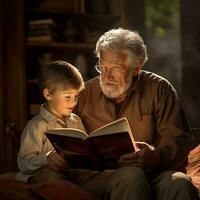 ai gerado avô lendo uma livro para dele pequeno Neto. família relacionamentos foto