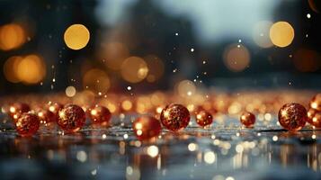 ai gerado comemoro inverno Magia com encantador feriado colorida do bokeh brilhante brilhos dourado bolas em uma vermelho-prata pano de fundo, criando uma alegre e festivo atmosfera fundo foto