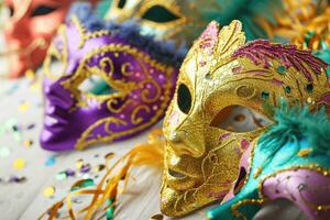 ai gerado mardi gras carnaval colorida penas e máscaras dentro uma festivo celebração cultural extravagância, ornamentado criando uma feliz, festivo tradicional trazer vida para uma feriado celebração foto