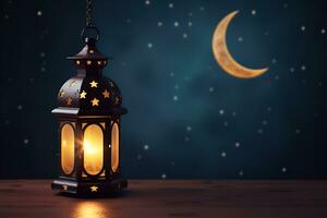 ai gerado islâmico lanterna com lua fundo, para ramadã, eid al fitr e adha. cópia de espaço foto