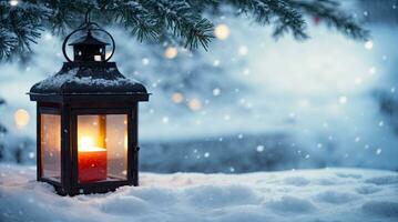 ai gerado Natal lanterna em neve com abeto ramo dentro tarde cena com flocos de neve, espumante luzes, e borrado fundo. Natal feriado fundo. foto