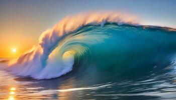 ai gerado uma majestoso oceano onda com a radiante Sol foto