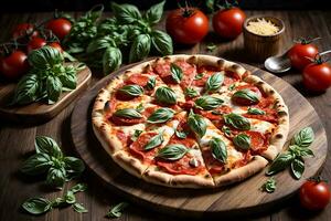 ai gerado pizza margherita com queijo, tomates, linguiça e manjericão em uma de madeira borda foto