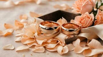 ai gerado romântico composição. ouro Casamento anel com pêssego rosas. Casamento conceito foto