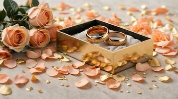 ai gerado romântico composição. ouro Casamento argolas dentro uma ouro caixa. lá estão pêssego rosas próximo. Casamento conceito foto