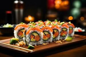 ai gerado japonês Sushi uramaki ou Califórnia lista servido em uma prato com pauzinhos foto