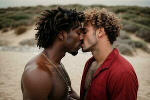 ai gerado gay casal se beijando em a de praia foto
