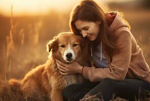 ai gerado jovem sorridente mulher abraçando vermelho cachorro enquanto caminhando dentro outono Campos animal amor e adoção nacional abraçando dia foto