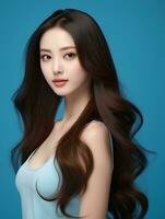 ai gerado jovem beleza japonês mulher grandes em linha reta cabelo com coreano estilo Maquiagem e perfeito limpar \ limpo pele em isolado azul fundo, ai generativo foto