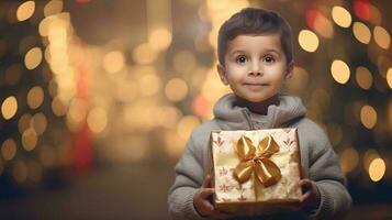 ai gerado pequeno Garoto segurando uma presente caixa em Natal dia com uma fundo do atmosfera em a véspera do Natal celebrações, feliz facial expressão foto